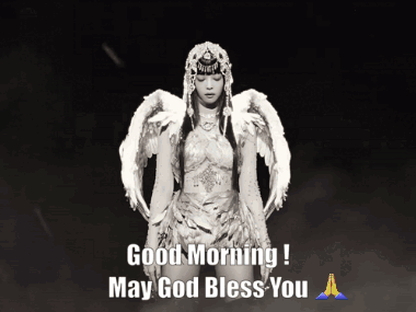 A Black And White Photo Of A Woman With Angel Wings And The Words " Good Morning May God Bless You " GIF