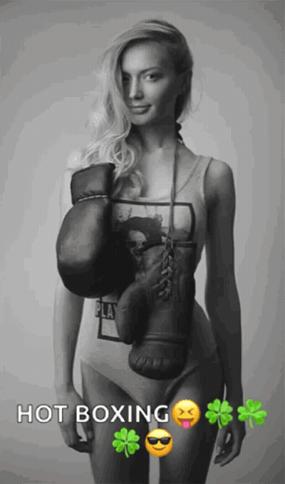 A Black And White Photo Of A Woman With Boxing Gloves And The Words Hot Boxing Below Her GIF