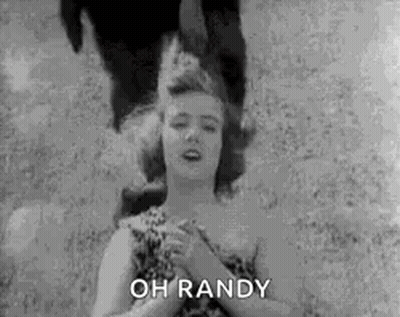 A Black And White Photo Of A Woman With Her Eyes Closed And The Words `` Oh Randy '' Written On It . GIF