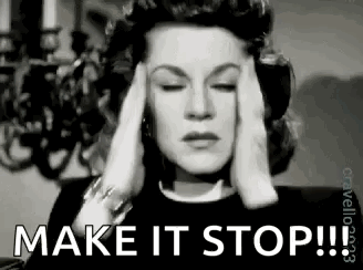 A Black And White Photo Of A Woman With Her Hands On Her Head And The Words `` Make It Stop '' . GIF