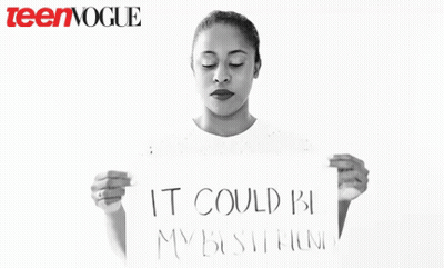 A Black And White Photo Of A Woman With Teenvogue Written On The Bottom GIF