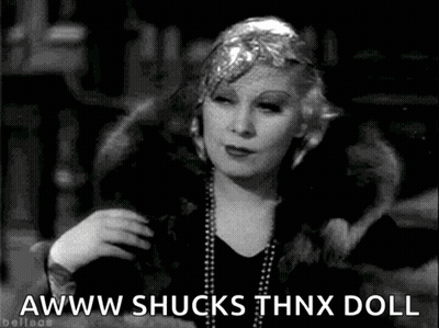 A Black And White Photo Of A Woman With The Words Awww Shucks Thnx Doll Below Her GIF