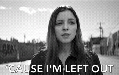 A Black And White Photo Of A Woman With The Words ' Cause I 'M Left Out ' Above Her GIF