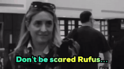 A Black And White Photo Of A Woman With The Words " Don 'T Be Scared Rufus " Above Her GIF