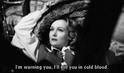 A Black And White Photo Of A Woman With The Words I 'M Warning You I 'Ll Kill You In Cold Blood Below Her GIF