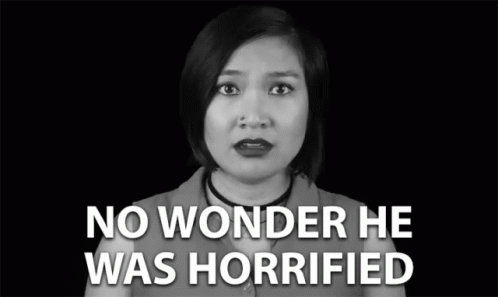 A Black And White Photo Of A Woman With The Words " No Wonder He Was Horrific " GIF