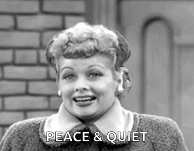 A Black And White Photo Of A Woman With The Words `` Peace And Quiet '' Written On Her Face . GIF