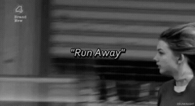 A Black And White Photo Of A Woman With The Words " Run Away " In White Letters GIF