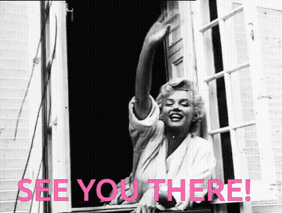 A Black And White Photo Of A Woman With The Words " See You There " In Pink GIF