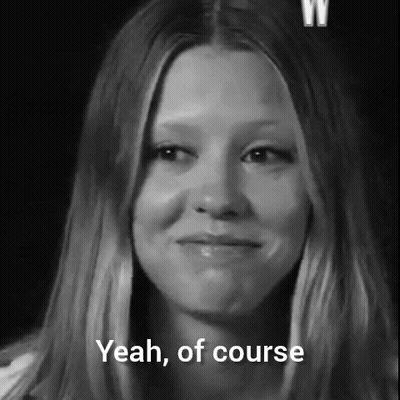 A Black And White Photo Of A Woman With The Words " Yeah Of Course " Below Her GIF
