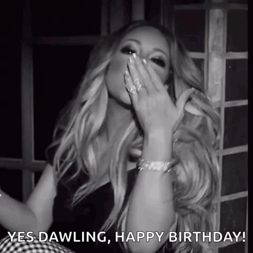 A Black And White Photo Of A Woman With The Words Yes Dawling Happy Birthday Written Below Her GIF