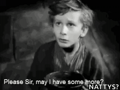 A Black And White Photo Of A Young Boy Holding A Bowl And Asking For Some More . GIF