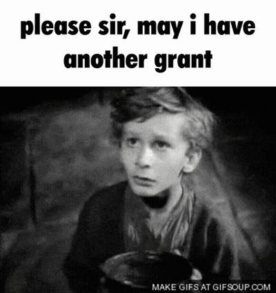 A Black And White Photo Of A Young Boy Holding A Bowl With The Caption " Please Sir May I Have Another Grant " GIF