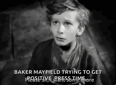 A Black And White Photo Of A Young Boy With The Caption " Baker Mayfield Trying To Get Positive Press Time " GIF