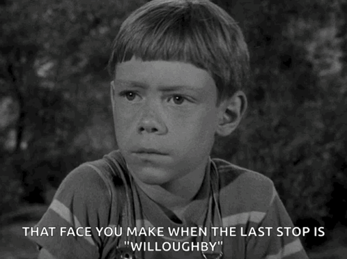 A Black And White Photo Of A Young Boy With The Caption That Face You Make When The Last Stop Is " Willoughby " GIF