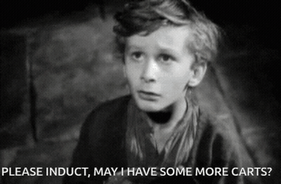 A Black And White Photo Of A Young Boy With The Words Please Induct May I Have Some More Carts GIF