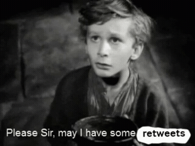 A Black And White Photo Of A Young Boy With The Words Please Sir May I Have Some Retweets Below Him GIF