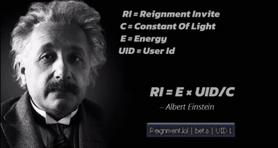 A Black And White Photo Of Albert Einstein With The Words Ri = Reignment Invite GIF