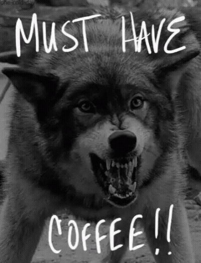 A Black And White Photo Of An Angry Wolf With The Words Must Have Coffee Written On It GIF