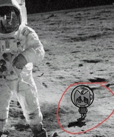 A Black And White Photo Of An Astronaut On The Moon With A Drawing Of A Girl In A Helmet GIF