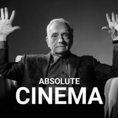 A Black And White Photo Of An Elderly Man With His Hands In The Air And The Words Absolute Cinema Below Him GIF