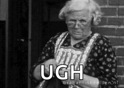 A Black And White Photo Of An Older Woman With The Words Ugh Written On The Bottom GIF