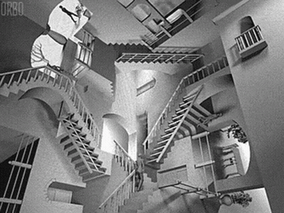 A Black And White Photo Of An Optical Illusion Of Stairs In A Building . GIF
