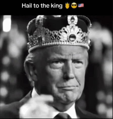 A Black And White Photo Of Donald Trump Wearing A Crown With The Caption " Hail To The King " GIF