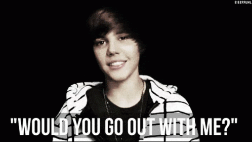 A Black And White Photo Of Justin Bieber With The Caption " Would You Go Out With Me ? " GIF