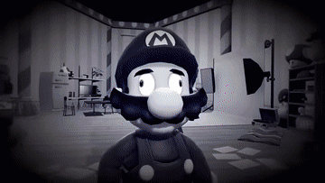 A Black And White Photo Of Mario In A Dark Room GIF