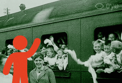 A Black And White Photo Of People On A Train With An Orange Silhouette GIF