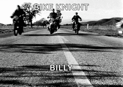 A Black And White Photo Of People Riding Motorcycles With The Words Bike Knight Billy GIF