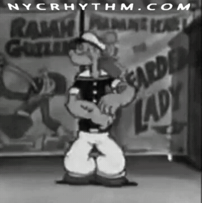 A Black And White Photo Of Popeye Dancing In Front Of A Sign That Says Ralph 'S Gentlemen Club GIF