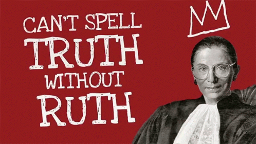 A Black And White Photo Of Ruth Bader Ginsburg On A Red Background That Says " Justice Out Truth " GIF
