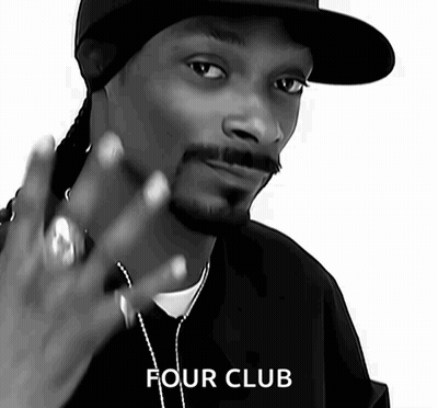 A Black And White Photo Of Snoop Dogg Wearing A Hat And A Necklace With The Words Four Club Below Him GIF