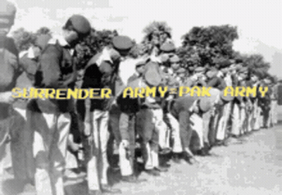 A Black And White Photo Of Soldiers With Surrender Army Pak Army Written On The Bottom GIF