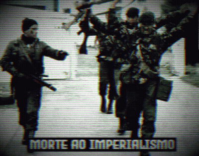 A Black And White Photo Of Soldiers With The Words Morte Ao Imperialismo In The Upper Right Corner GIF