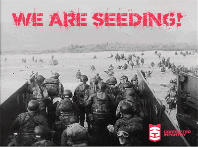 A Black And White Photo Of Soldiers With The Words " We Are Seeding " GIF