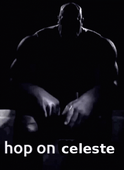 A Black And White Photo Of Thanos With The Words Hop On Celeste Written Below Him GIF