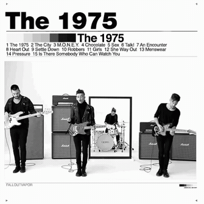 A Black And White Photo Of Three Men Playing Guitars Under The 1975 Album Cover GIF