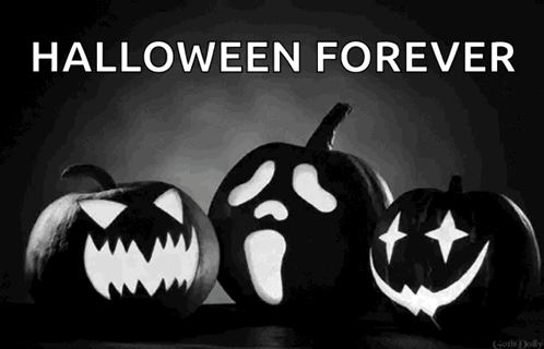 A Black And White Photo Of Three Pumpkins With Faces Carved Into Them And The Words `` Halloween Forever '' . GIF