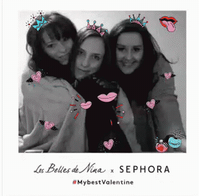 A Black And White Photo Of Three Women With The Words Les Belles De Nina X Sephora At The Bottom GIF