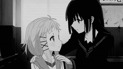 A Black And White Photo Of Two Anime Girls Standing Next To Each Other In A Room . GIF