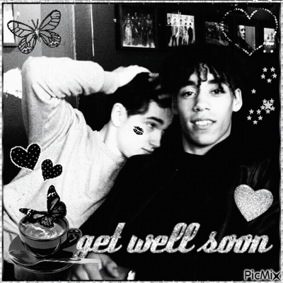 A Black And White Photo Of Two Boys With The Words Get Well Soon GIF