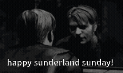 A Black And White Photo Of Two Men Hugging Each Other With The Words Happy Sunderland Sunday . GIF