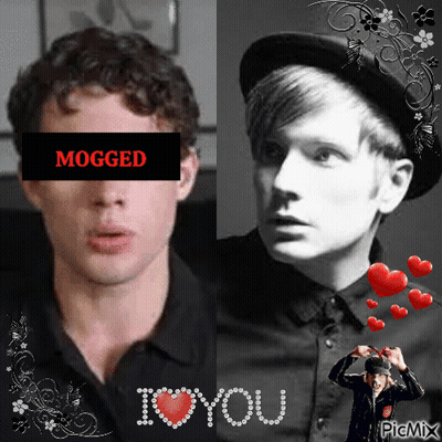 A Black And White Photo Of Two Men With Hearts And The Words I Love You On The Bottom GIF