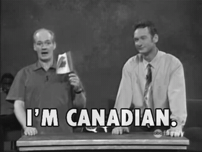 A Black And White Photo Of Two Men With The Words I 'M Canadian Written On It GIF