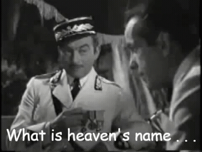 A Black And White Photo Of Two Men With The Words What Is Heaven 'S Name On The Bottom GIF