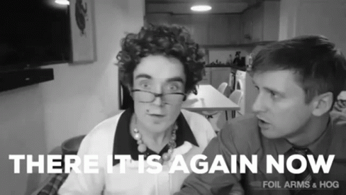 A Black And White Photo Of Two People With The Words " There It Is Again Now " On The Bottom GIF