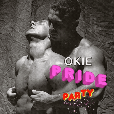 A Black And White Photo Of Two Shirtless Men With The Words " Okie Pride Party " Written Above Them GIF